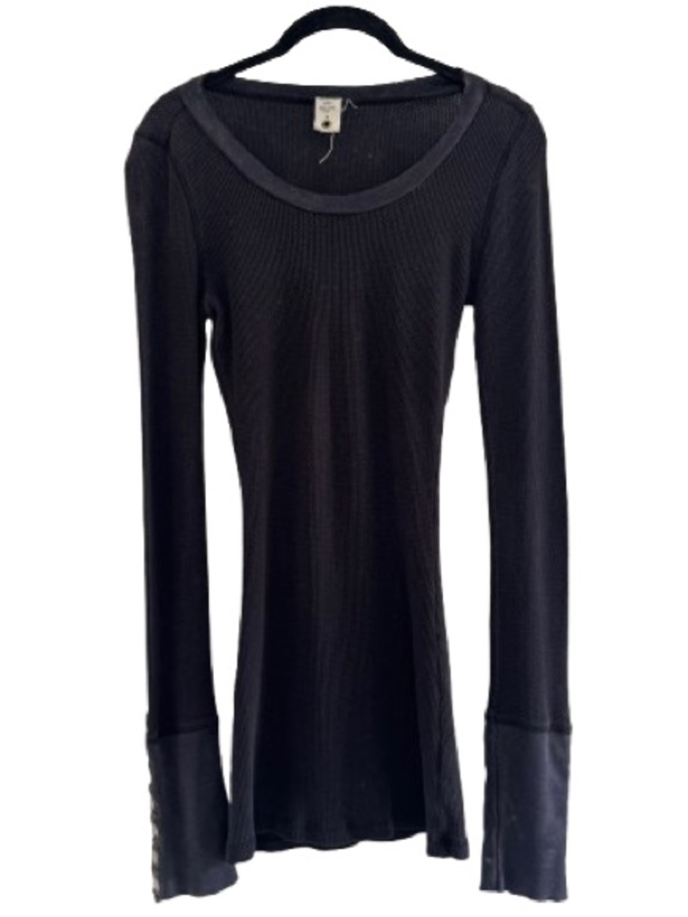 Free People Damsel Distressed Snap Cuff Thermal Long Sleeve Top Washed Black